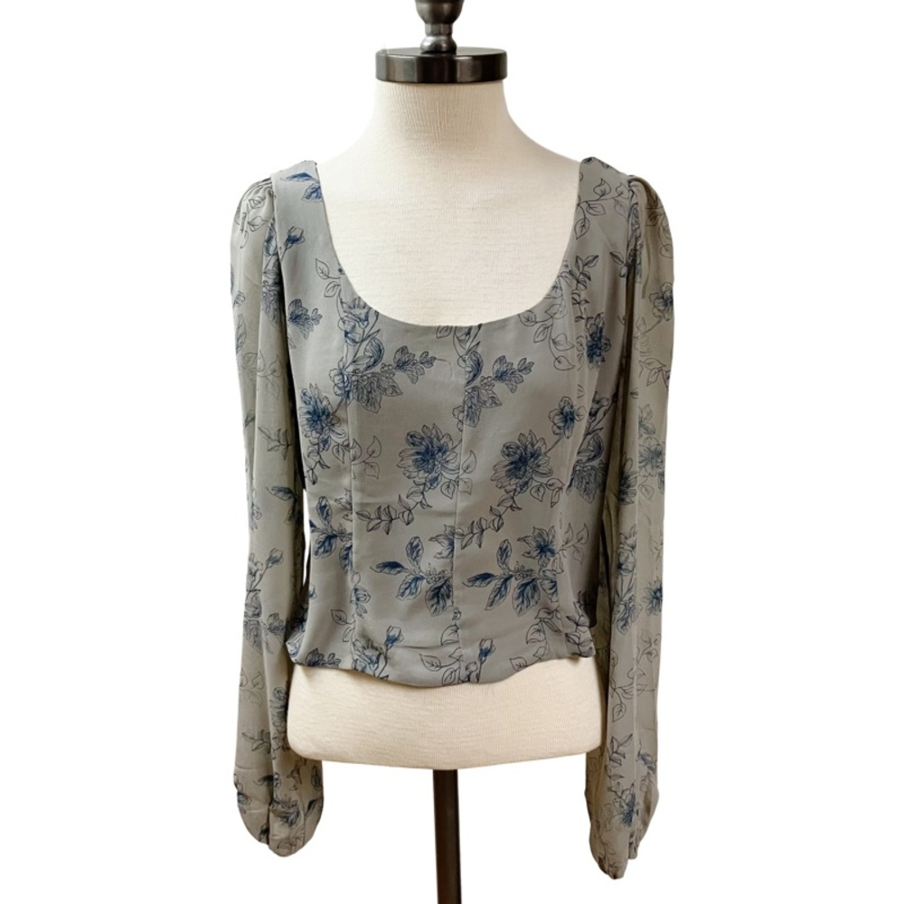 Boho Babydoll Peasant House of Harlow Crop Top Small Grey Blue Floral Smocked